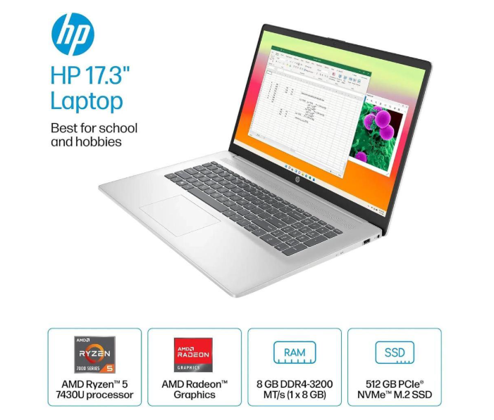 HP 17 Laptop - 17.3" FHD - AMD Ryzen 5 7430U Processor - 16GB DDR4 - 512GB - Windows 11 Pro