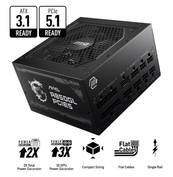 MSI - MAG A850GL PCIE5 80+ GOLD, ATX 3.1, 850W Power Supply