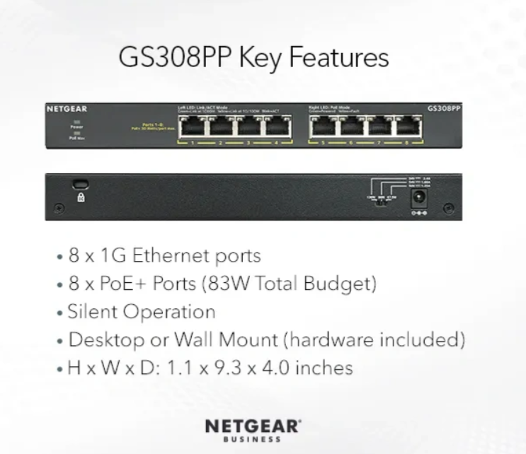 NETGEAR 8-Port Gigabit PoE+ Compliant Unmanaged Switch - GS308PP